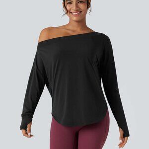 XL One Shoulder Long Sleeve Thumb Hole Curved Hem High Low Quick Dry Yoga Sports